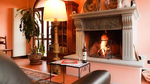 A cozy living room with a fireplace, a table with a bottle and glass, and a potted plant. - Agriturismo Il Cavicchio (Pianoro)
