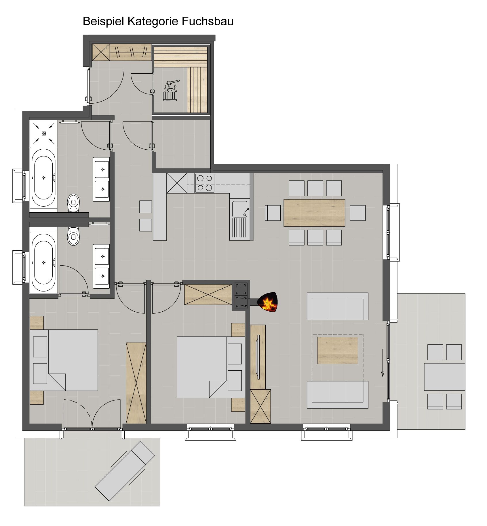 A floor plan of a hotel room with a bathroom, kitchenette, and a living area with a sofa and a table.