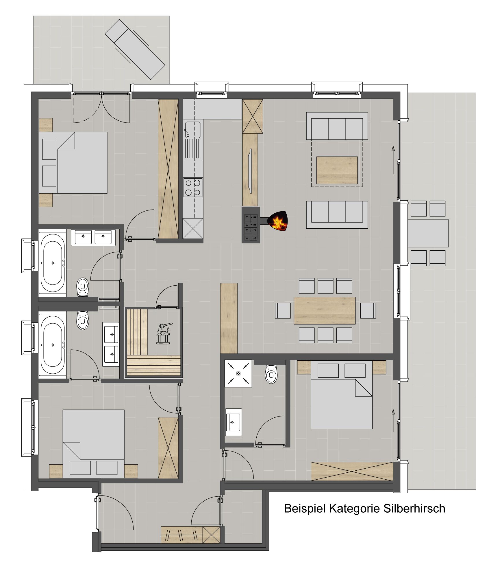 En planritning över ett hotell med flera sovrum, ett kök, ett badrum och en matplats.