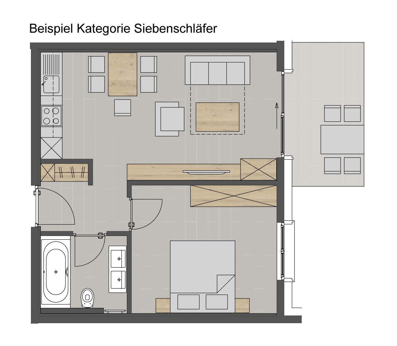 A floor plan of a three-bedroom apartment with a kitchen, a living room, a dining area, a bathroom, and a balcony.