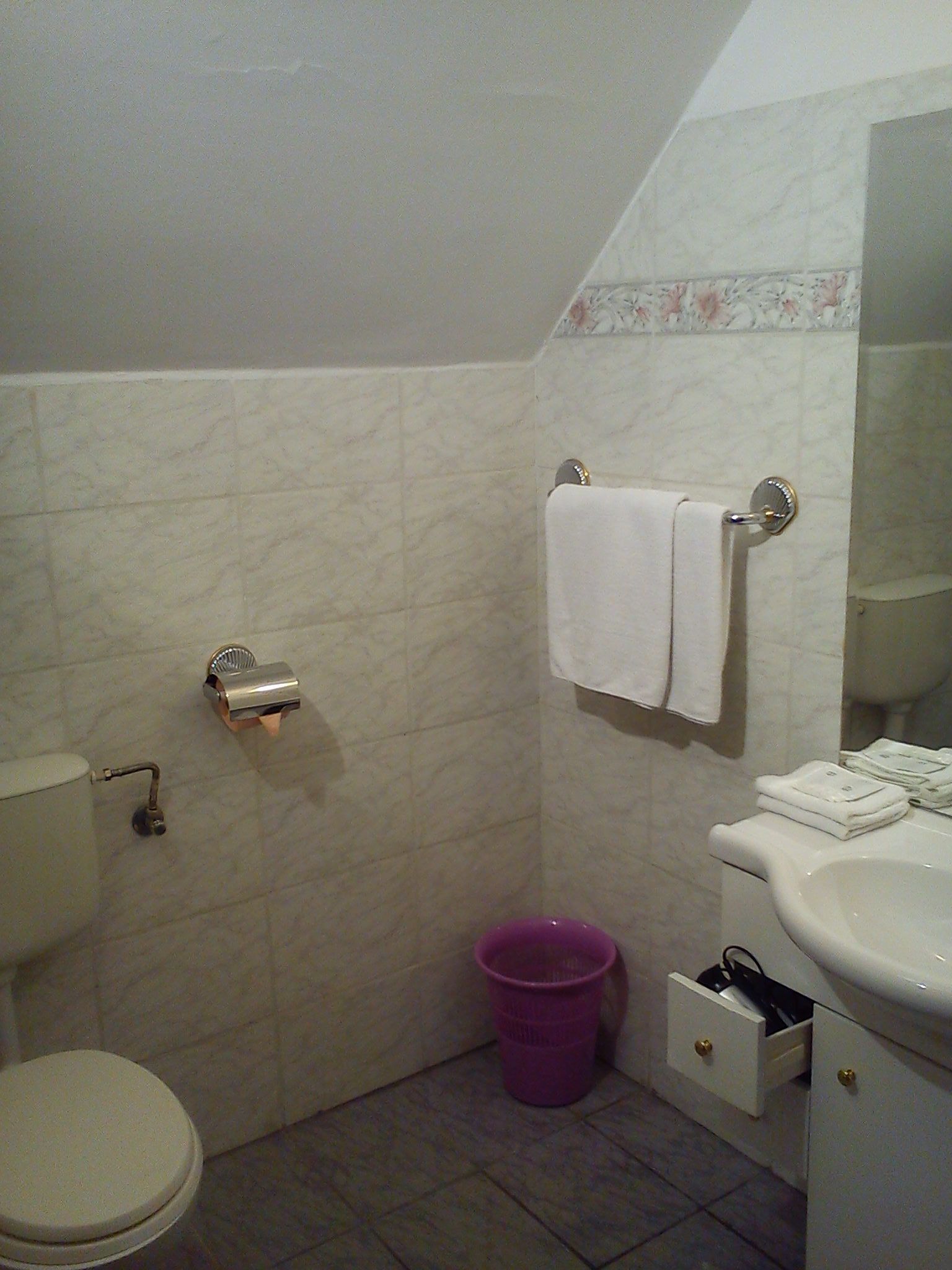 A bathroom with a toilet, sink, and shower area.