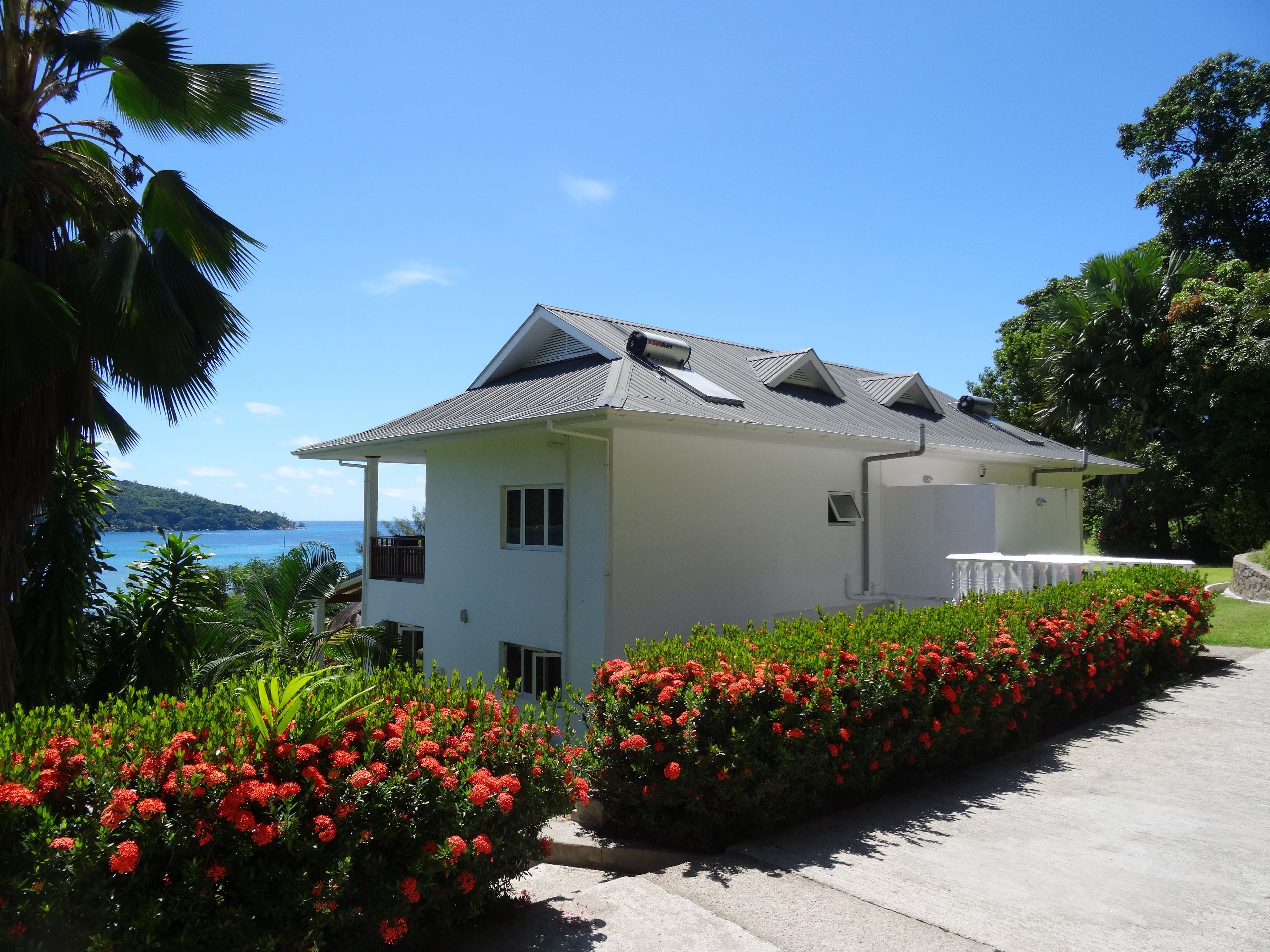 A white house with a grey roof, surrounded by lush greenery and red flowers.