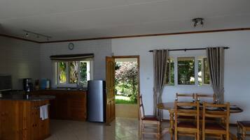 Full-sized fridge, microwave, coffee/tea maker, electric kettle