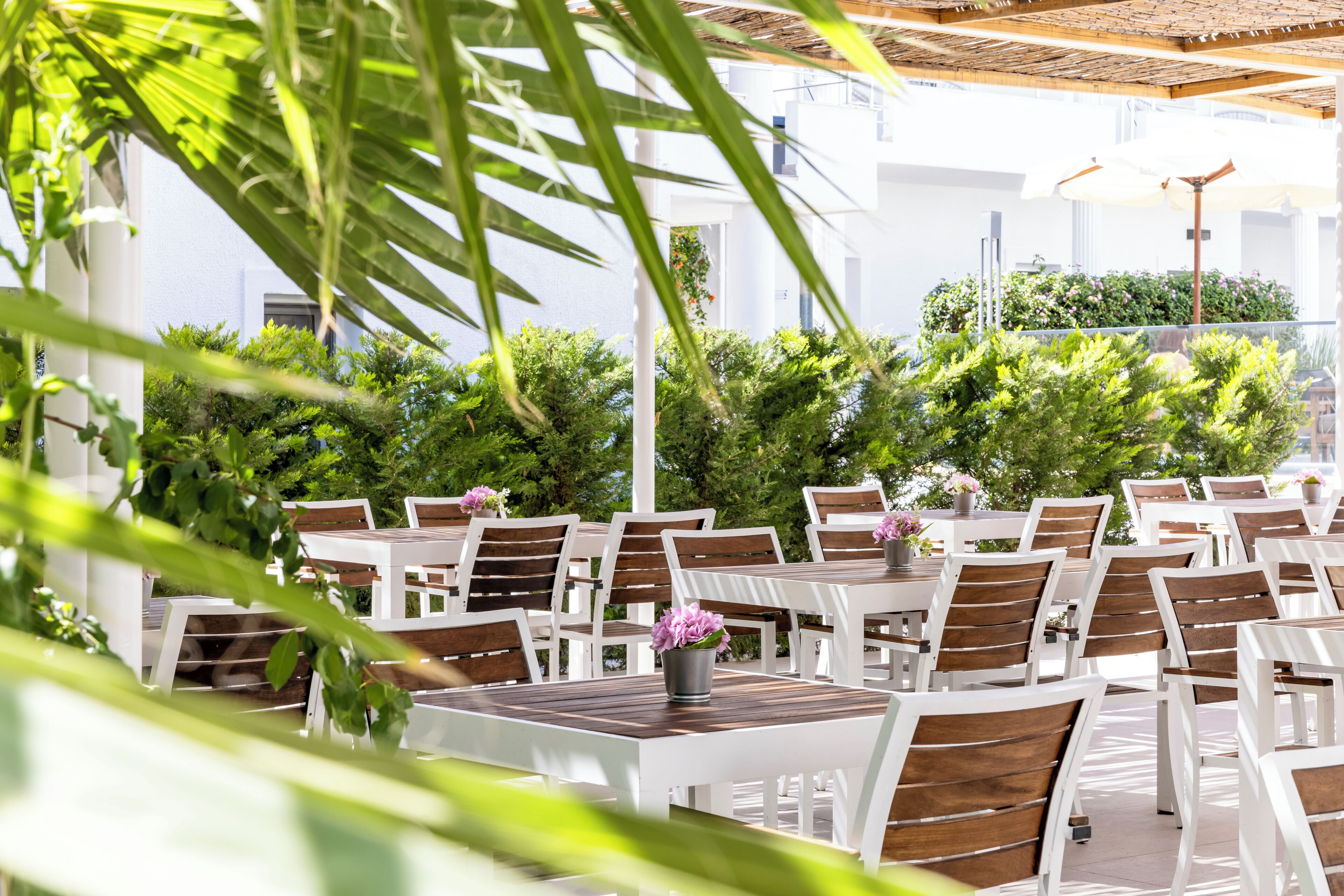 Eine Terrasse im Freien mit weißen Tischen und Stühlen, umgeben von Grünpflanzen und einer Holz-Pergola.