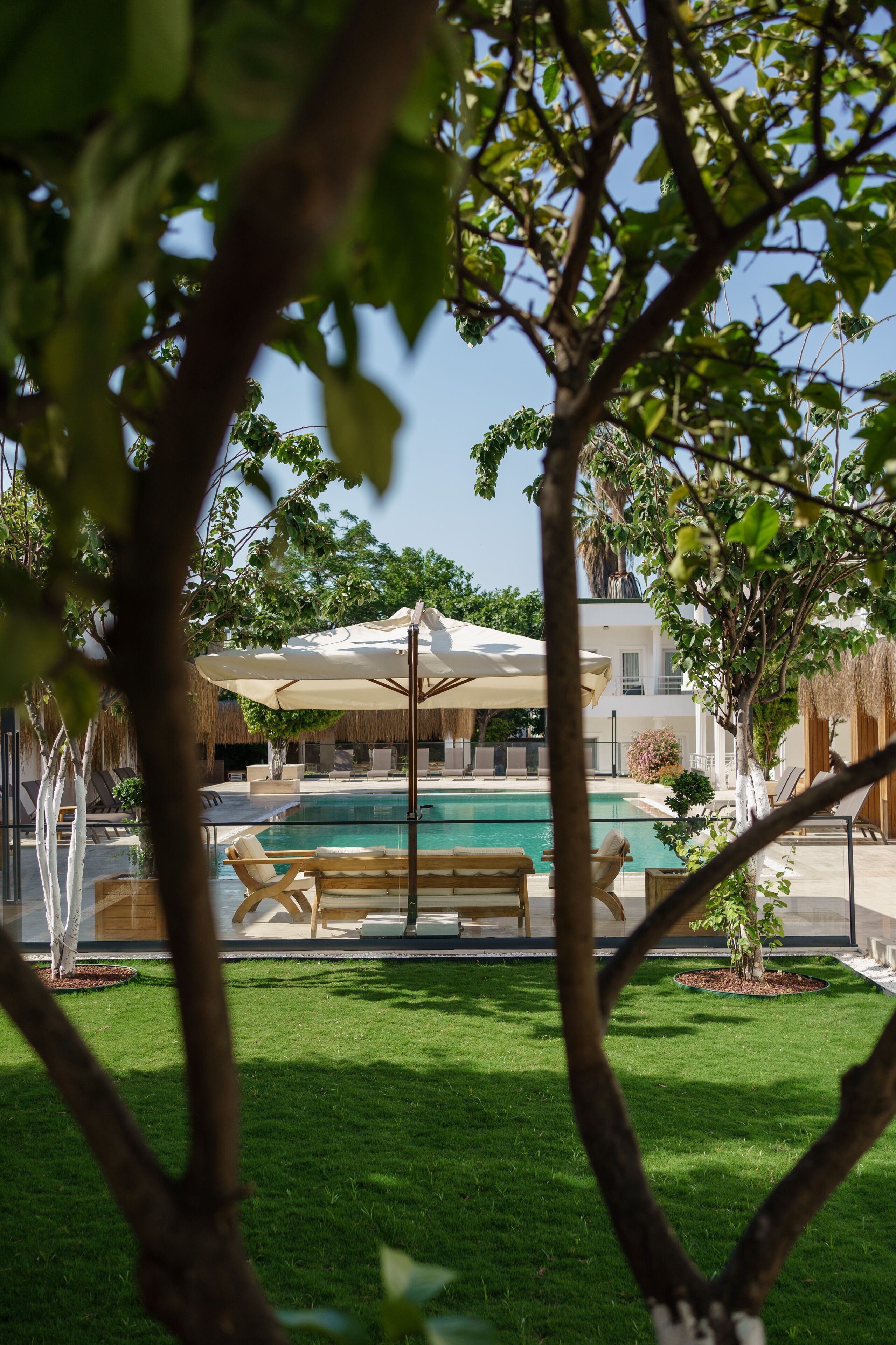 A pool area with lounge chairs and umbrellas, surrounded by greenery and a building in the background.