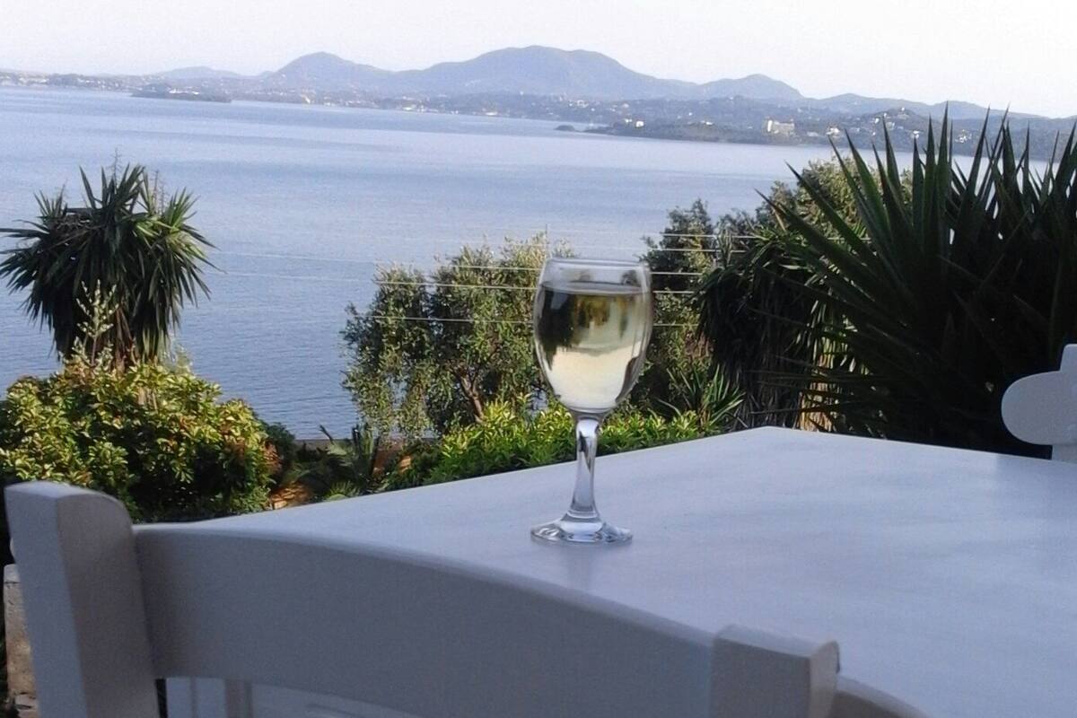 A table with a glass of white wine, overlooking a body of water with mountains in the distance.
