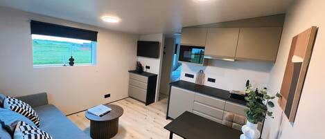 A compact living space with a sofa, a small round table, a dining table, and a kitchen area with cabinets and a countertop.