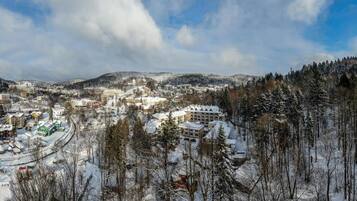 Un pueblo cubierto de nieve con diversos edificios, incluyendo hoteles y viviendas, rodeado de montañas boscosas.