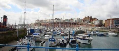 A marina with multiple boats docked, a blue railing in the foreground, and buildings in the background.