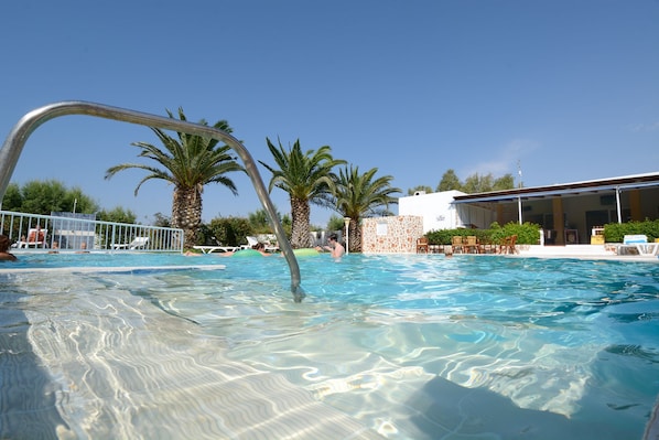 Seasonal outdoor pool, pool umbrellas, pool loungers