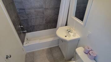 A bathroom with a shower, toilet, sink, and a mirror.