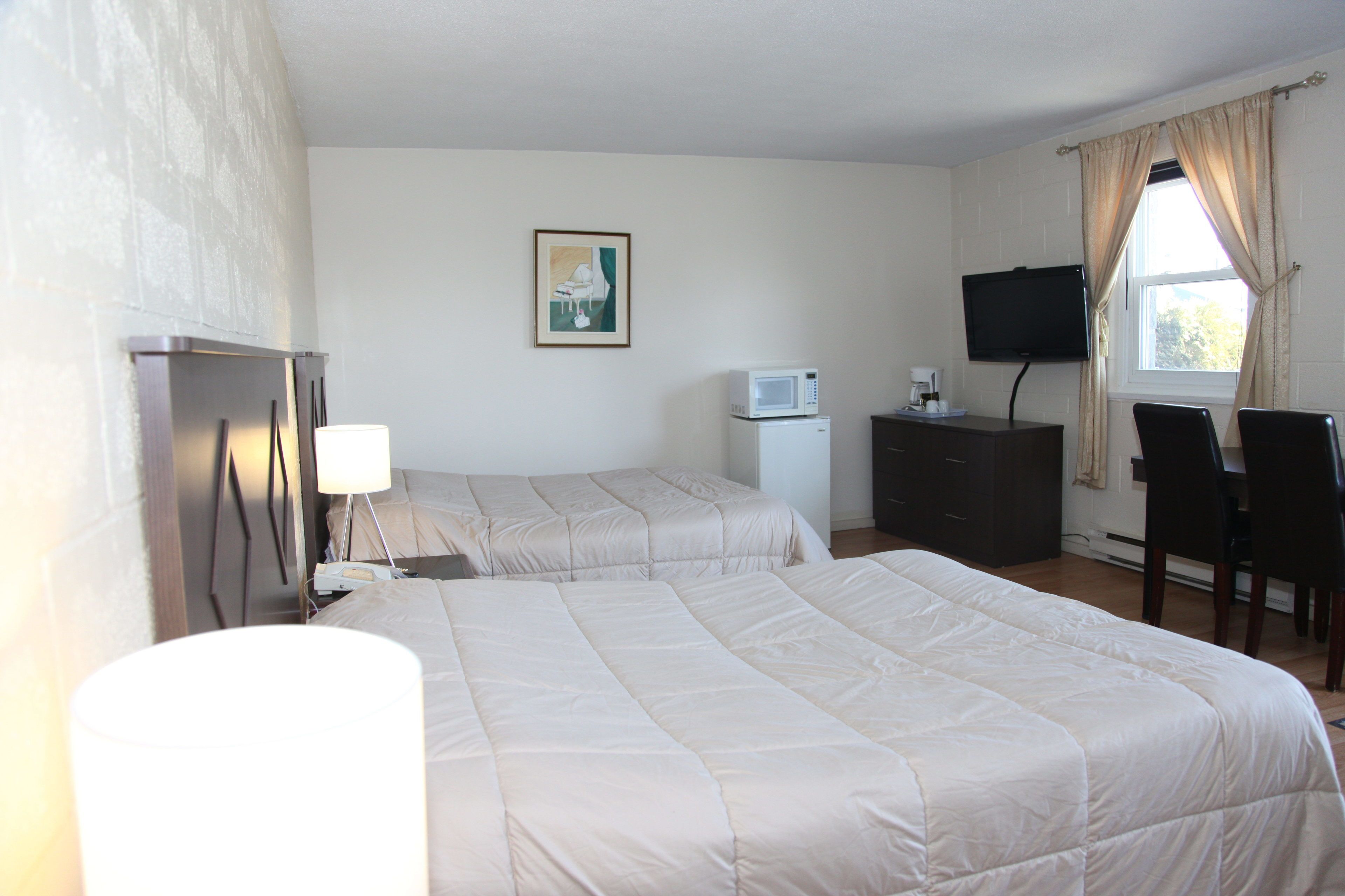 Habitación de hotel con dos camas, televisión, escritorio con silla, microondas y un cuadro en la pared.
