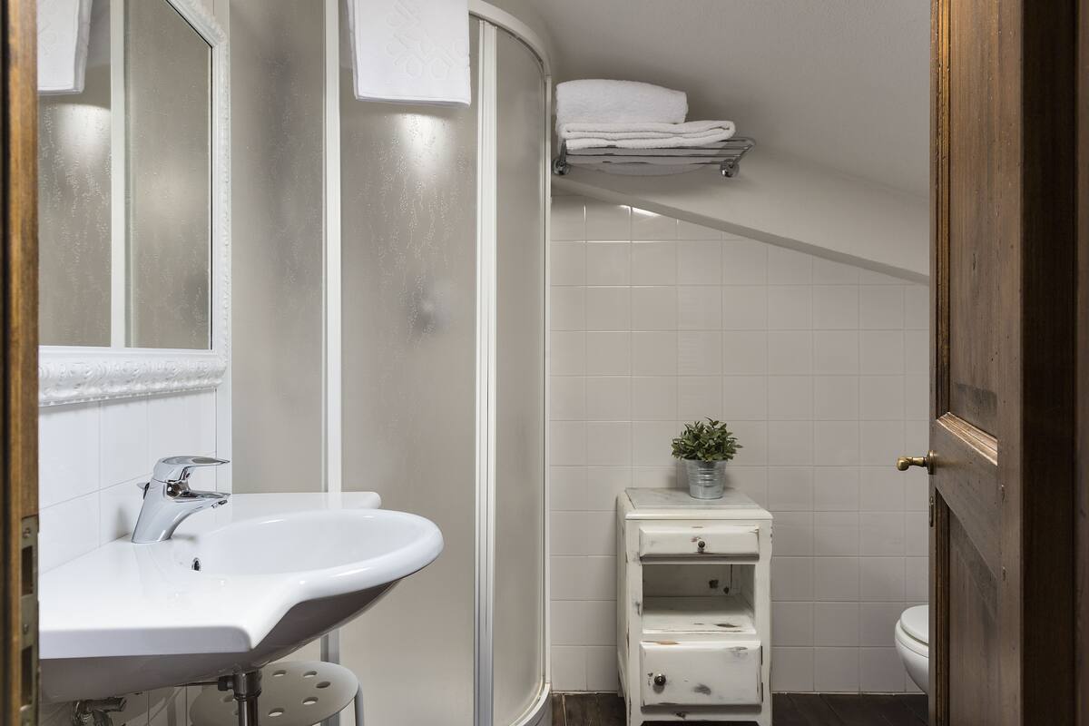 A bathroom with a white sink, a mirror, a toilet, and a small cabinet with a plant.