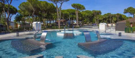 A swimming pool with a central water feature, surrounded by trees and a clear sky.