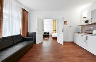 Apartamento panorâmico, 1 quarto, vista para a cidade | Área de estar | TV