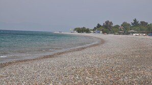 Una playa de guijarros con una vista despejada del mar, algunas sombrillas y edificios al fondo.