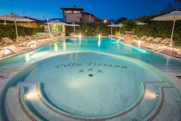 Seasonal outdoor pool, pool umbrellas, pool loungers