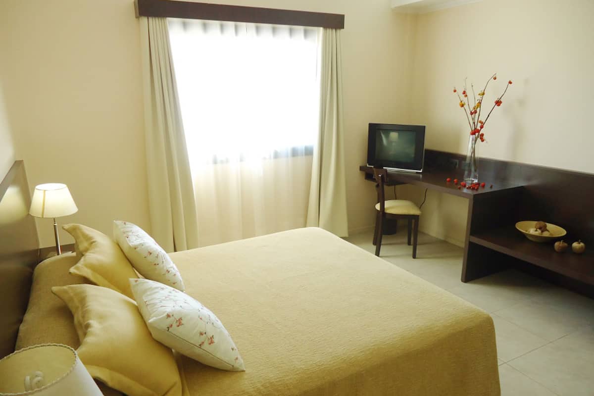 A hotel room with a large bed, a desk with a television, a chair, and a vase with flowers.