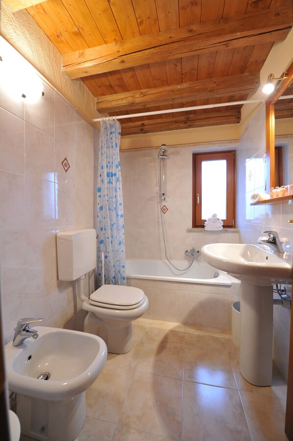 A bathroom with a wooden ceiling, a bathtub, a toilet, a bidet, and a sink. - Le Chalet (Ayas)