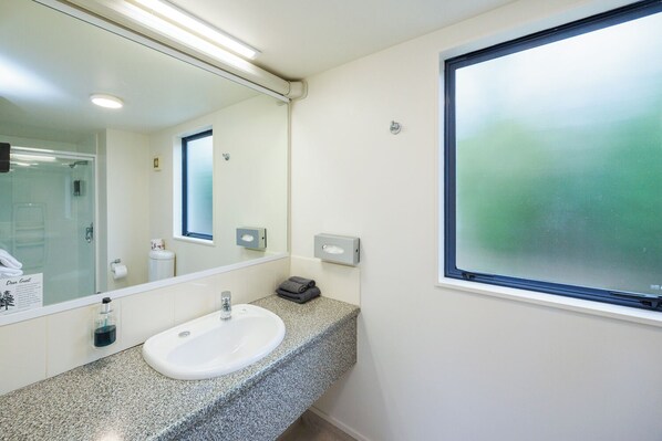 A bathroom with a white sink, a mirror, a window, and a towel rack.