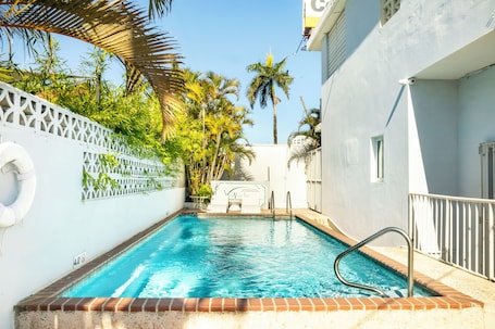 Outdoor pool, open 9:00 AM to 9:00 PM, pool umbrellas, sun loungers