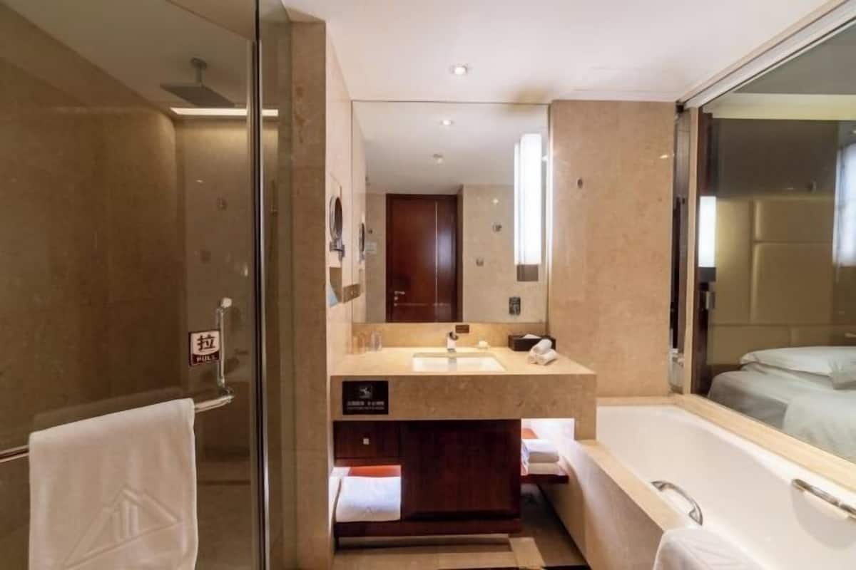 Een bad/douchecombinatie, een regendouche, gratis toiletartikelen