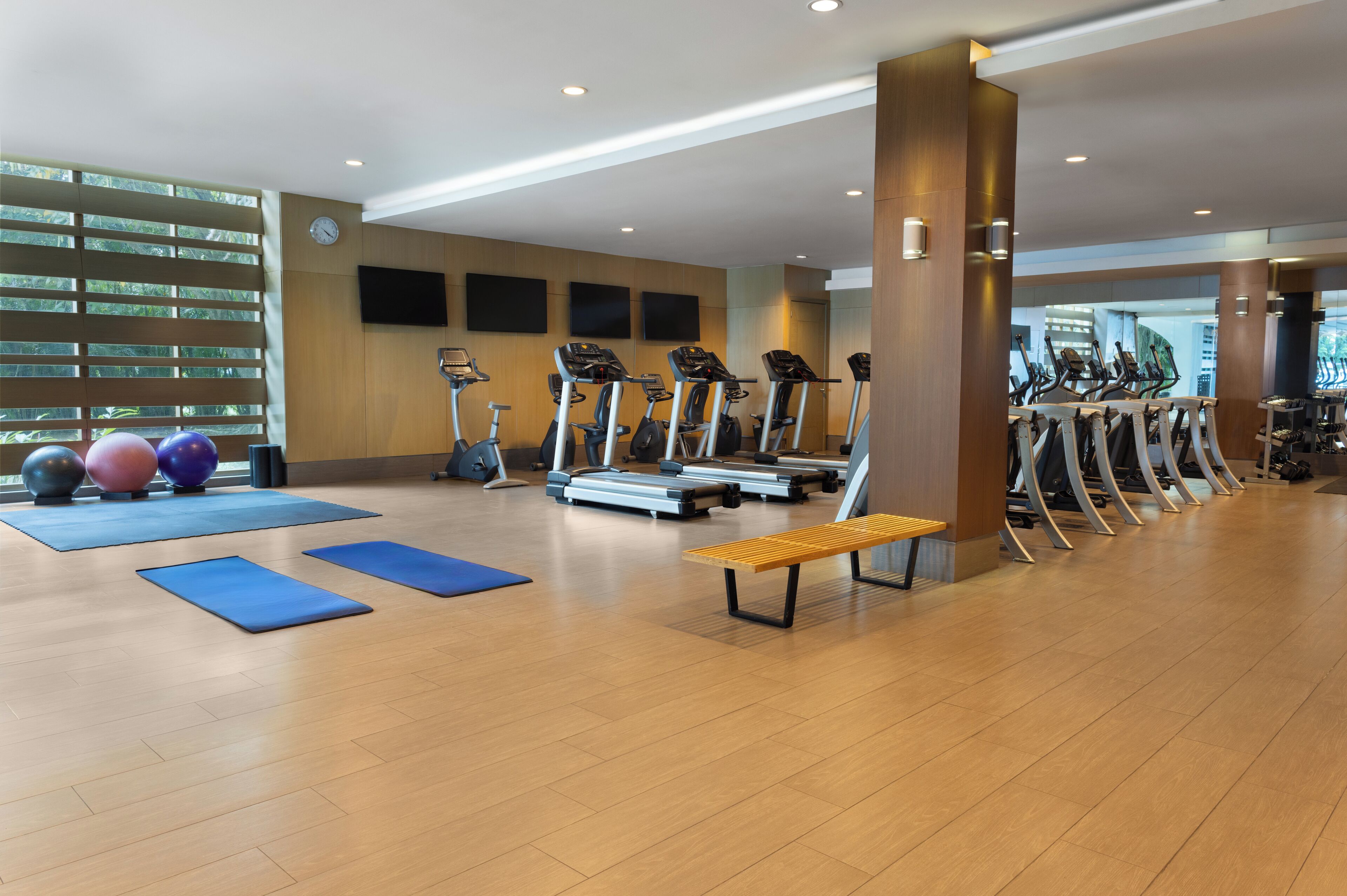A gym with treadmills, stationary bikes, and exercise balls.