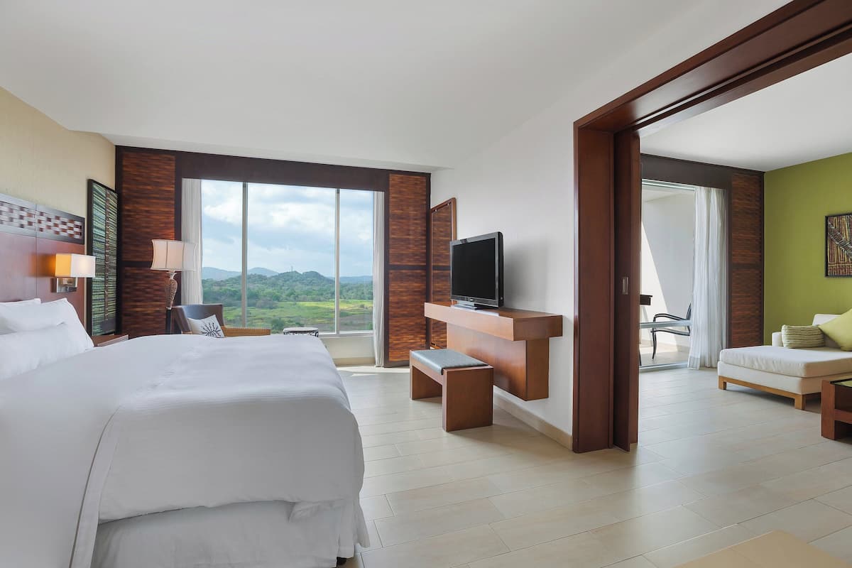 A hotel room with a large bed, a TV, a desk, and a view of the outdoors.