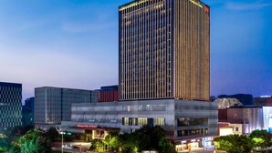 Ein modernes Hochhaus-Hotel mit einer markanten, vertikalen Fassade und einem strukturierten Unterteil.
