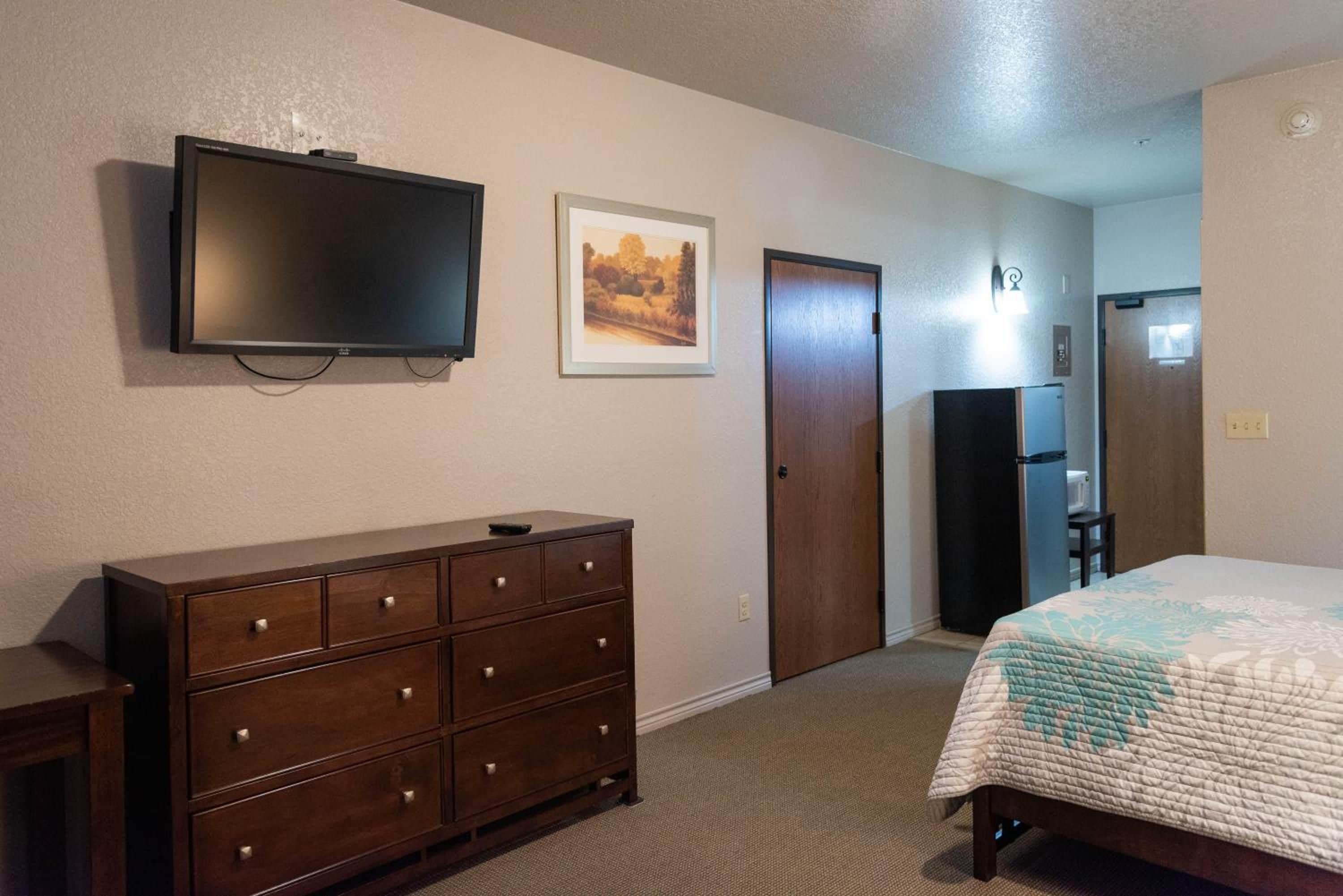 A bedroom with a bed, dresser, television, framed picture, and a door.