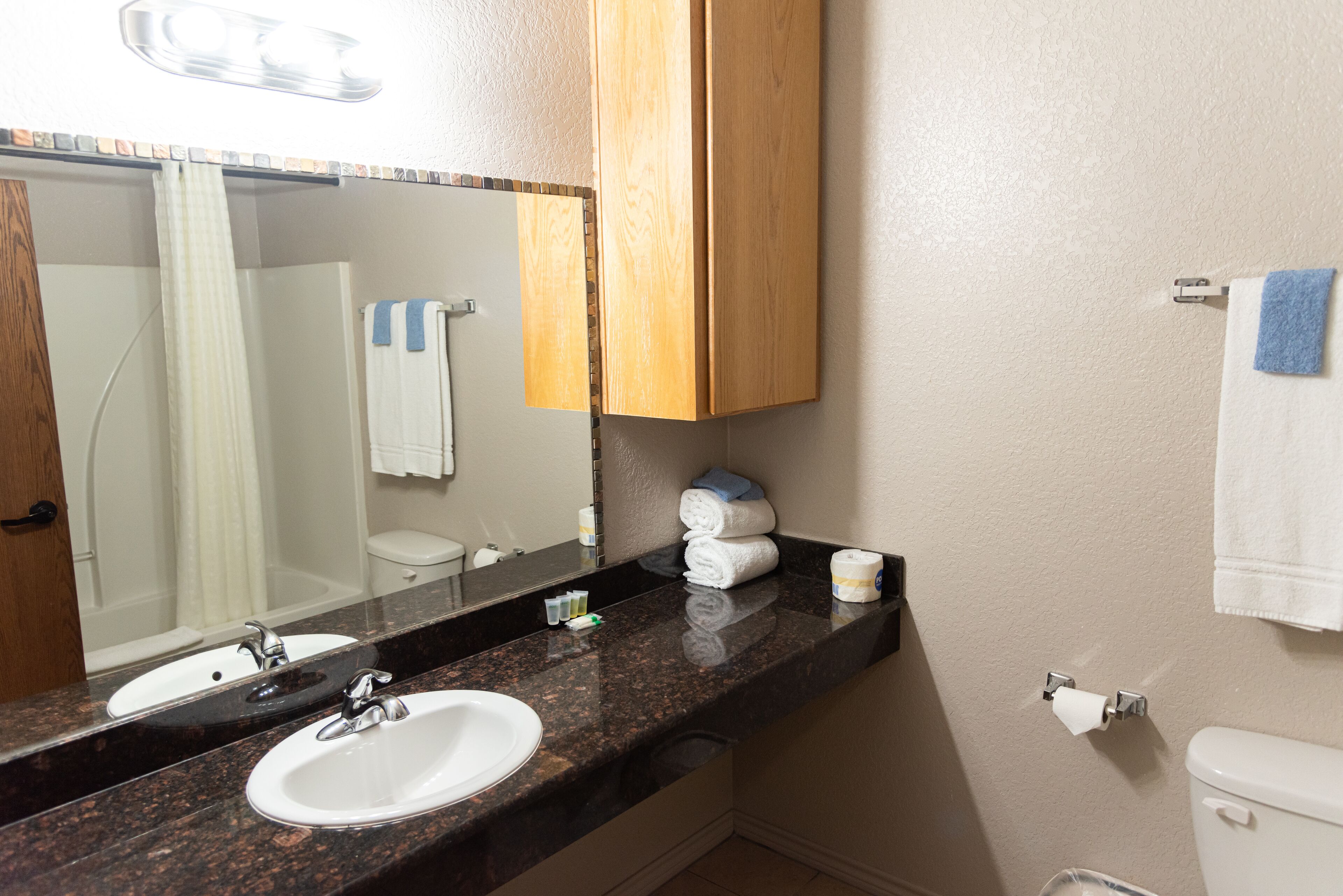 combined shower/bathtub, rainfall showerhead, free toiletries