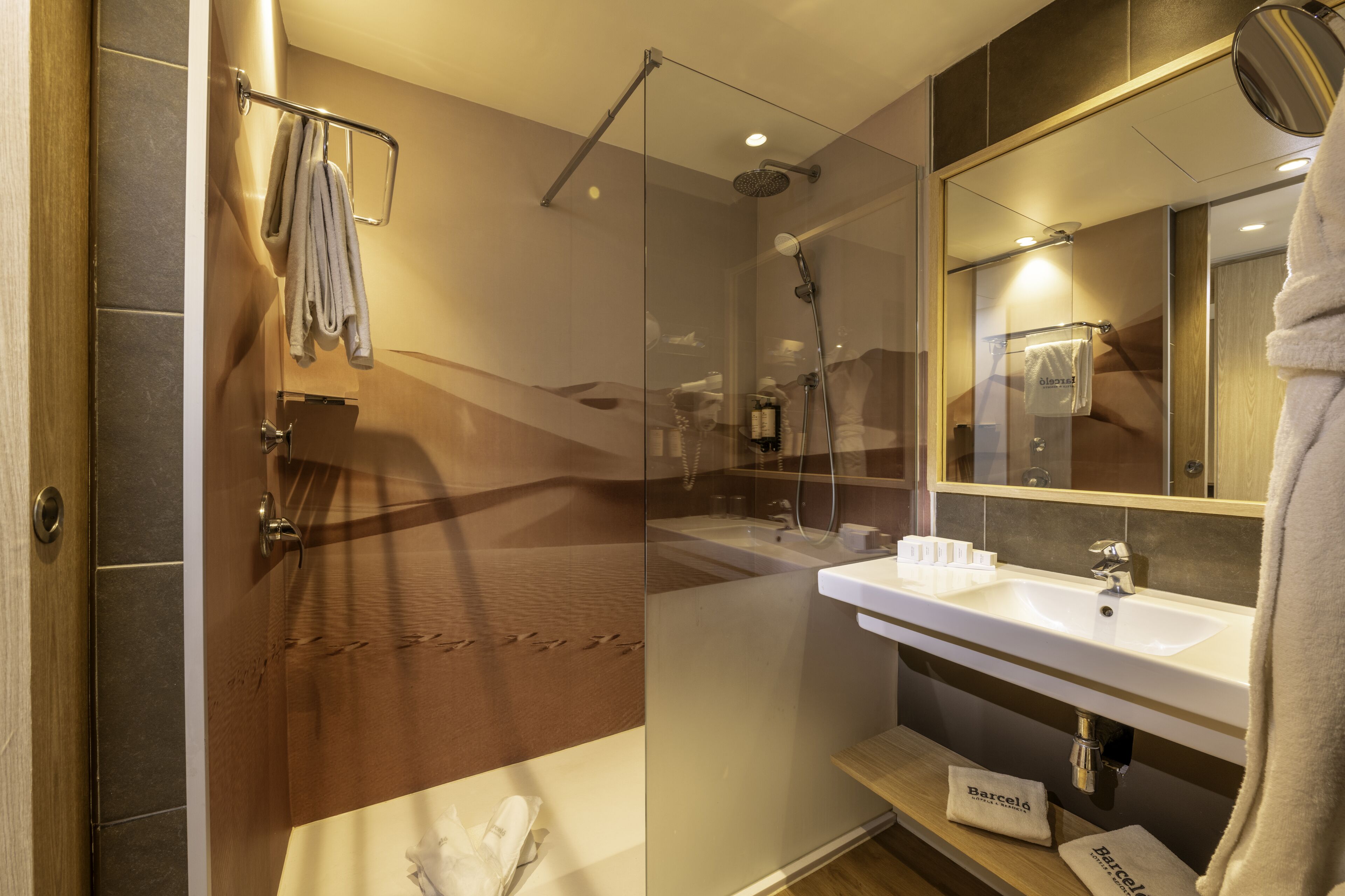 A modern bathroom with a glass shower enclosure, a white sink, and a large mirror.