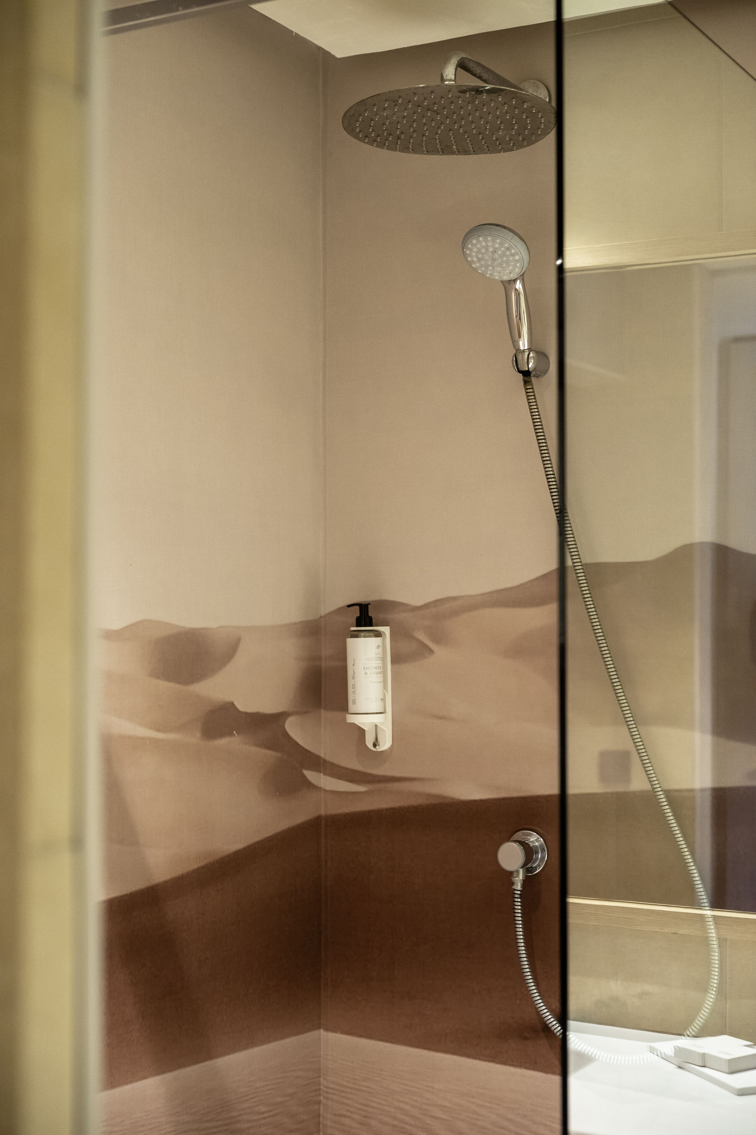 Ducha moderna con cabina de vidrio, cabezal de ducha de mano y grifería empotrada.