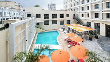 Outdoor pool, pool umbrellas, pool loungers