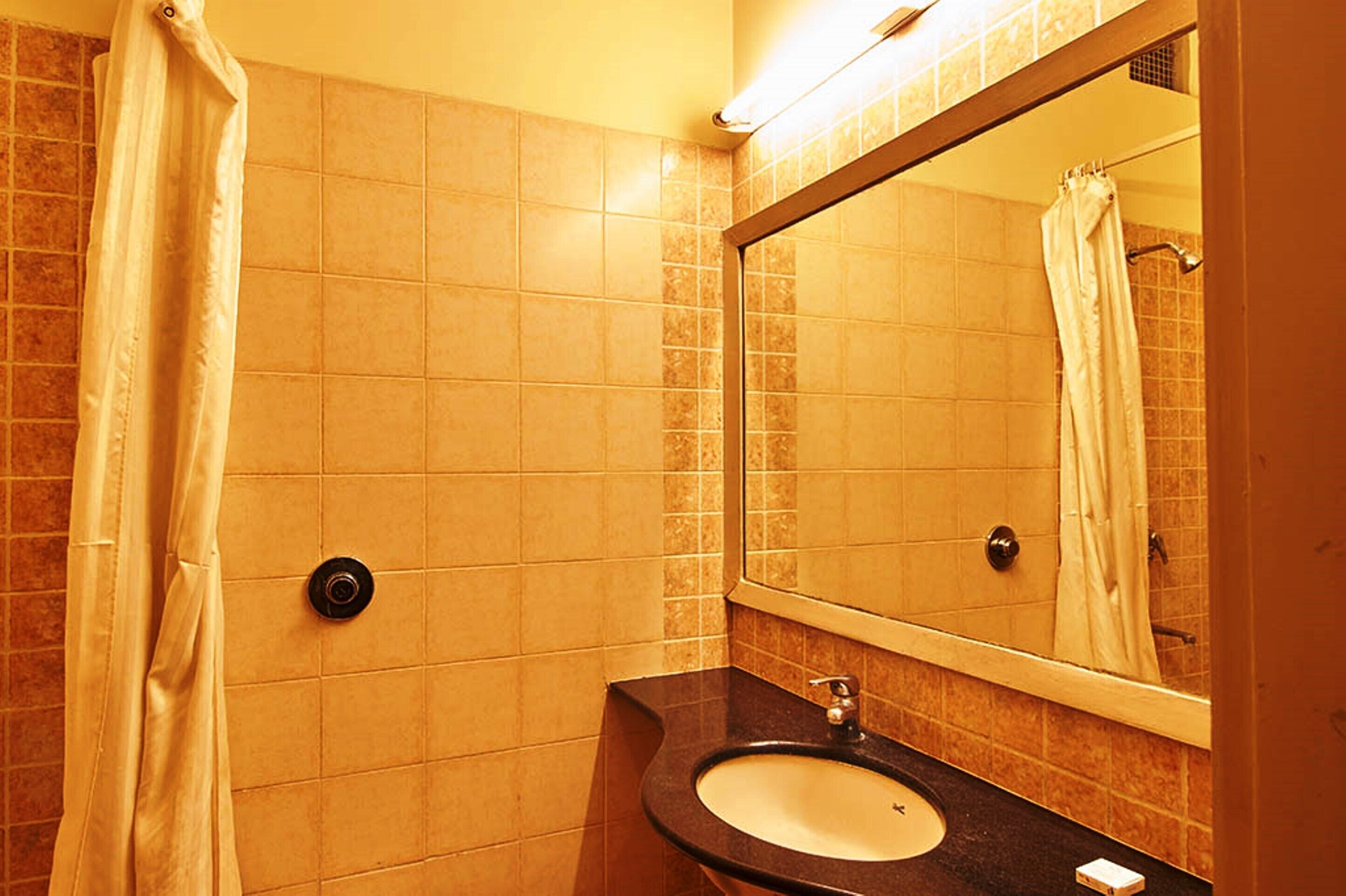 Baño con lavamanos, espejo y cortina de ducha.
