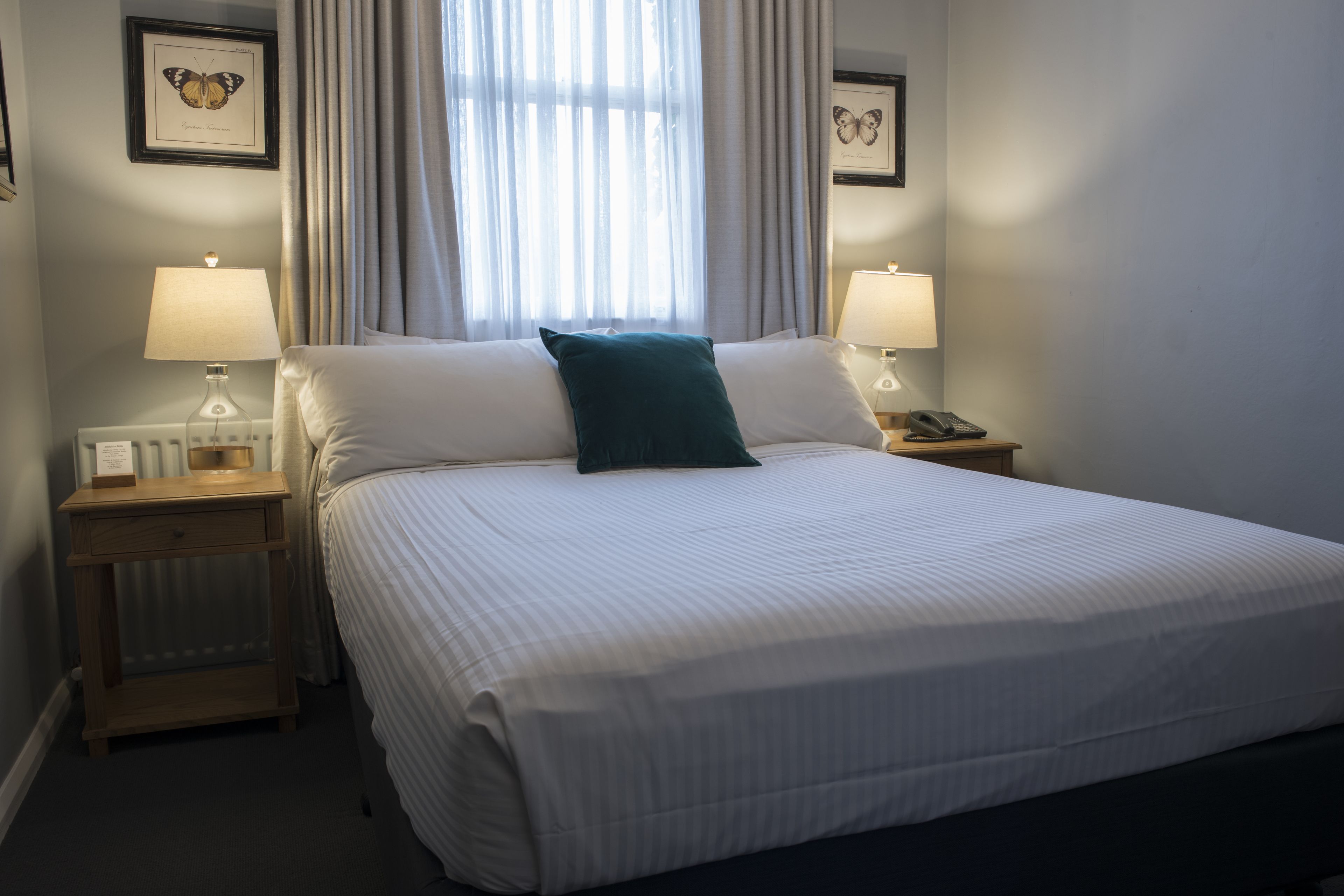 A neatly made bed with a green pillow, two bedside lamps, and framed butterfly pictures on the walls.