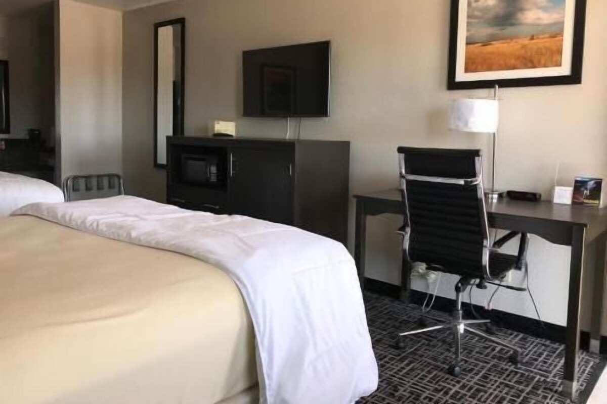 A hotel room with a bed, a desk, a chair, a TV, and a painting on the wall.