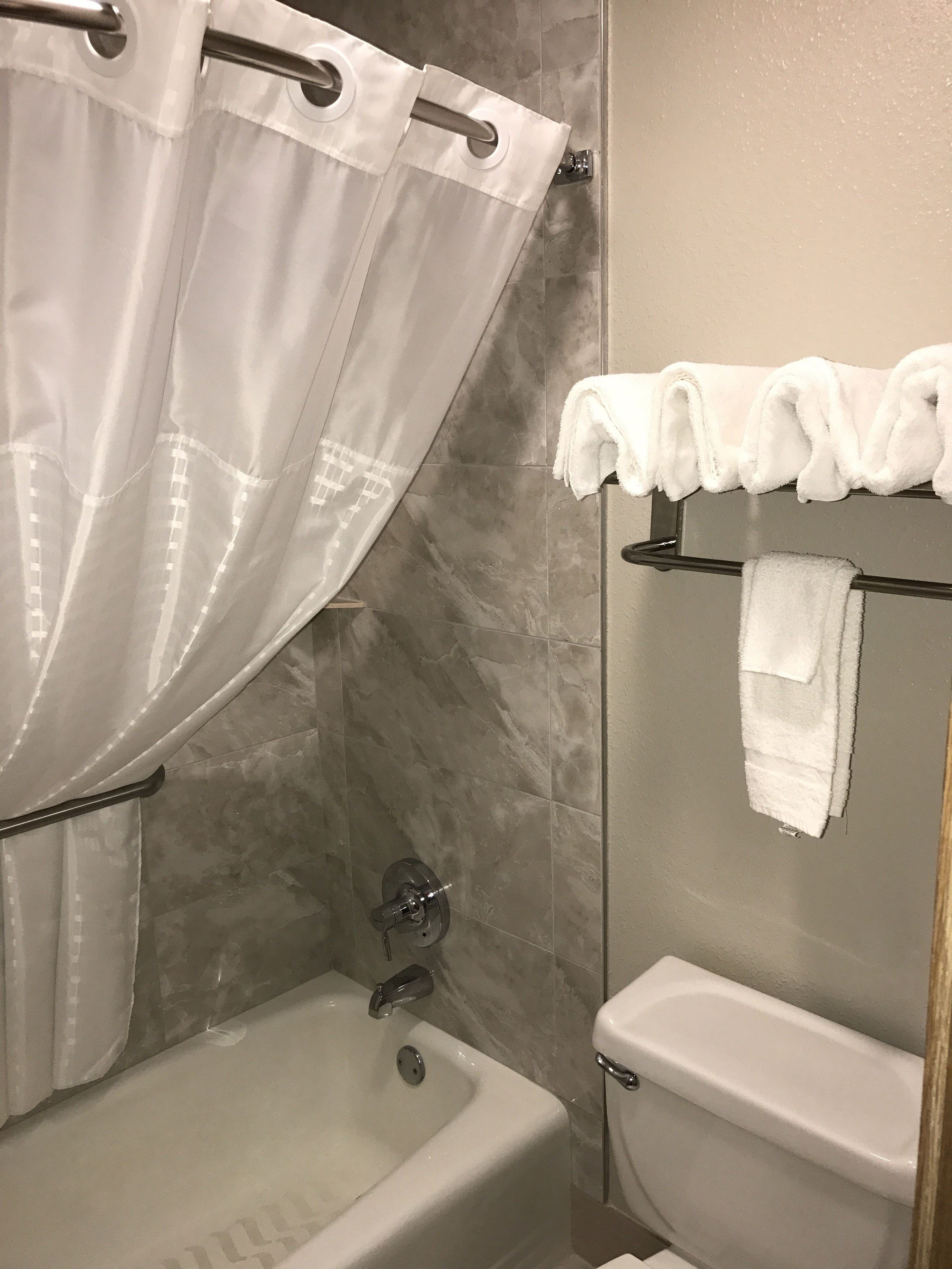A bathroom with a bathtub, a toilet, and a shower curtain.