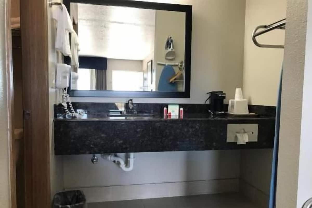 A bathroom with a black countertop, a mirror, a sink, a towel rack, and a trash bin.