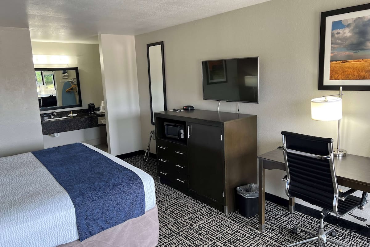 A hotel room with a bed, a desk, a chair, a TV, a mirror, and a picture on the wall.