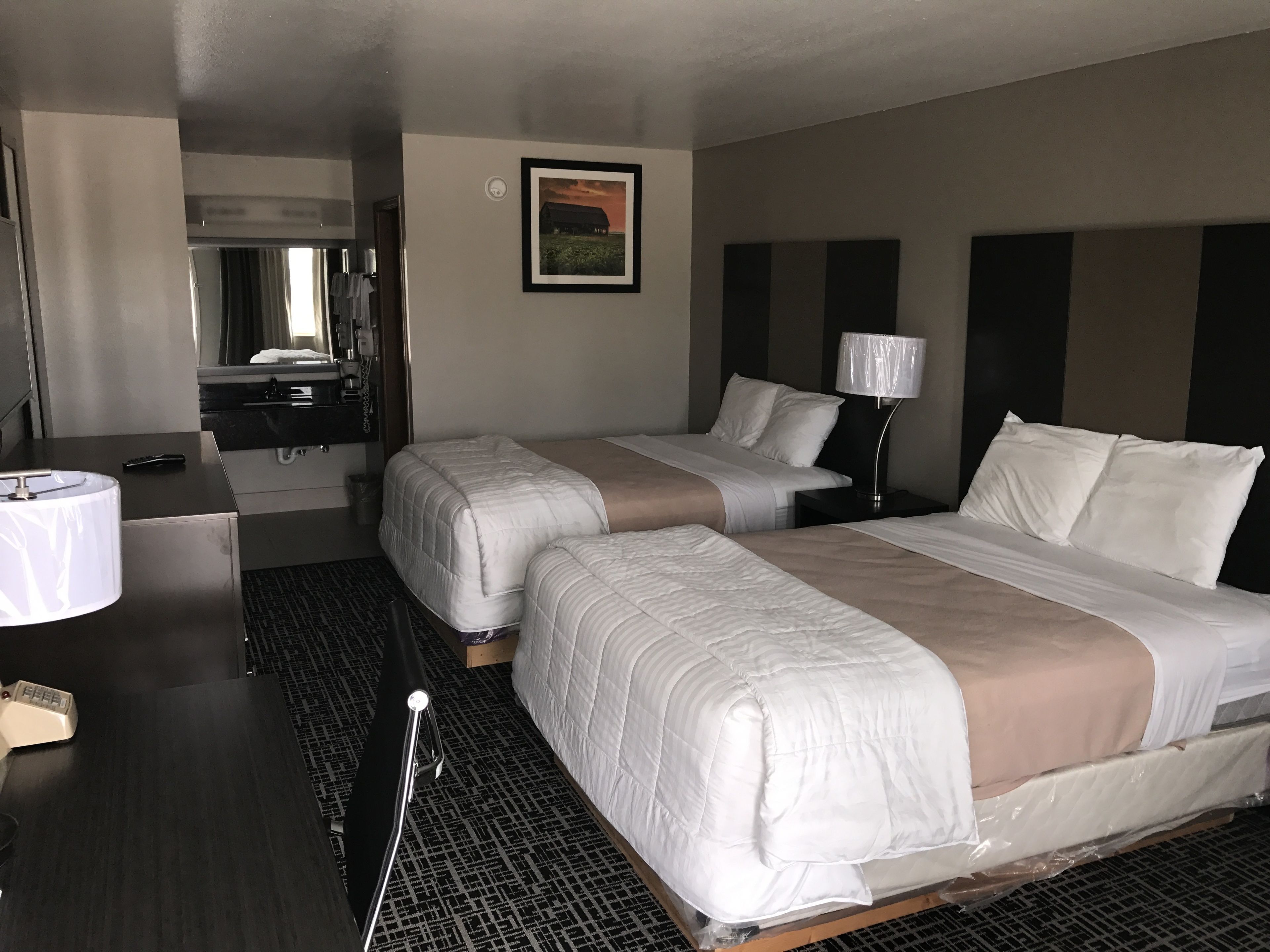 Habitación de hotel con dos camas, un escritorio, una silla, una lámpara y un cuadro en la pared.