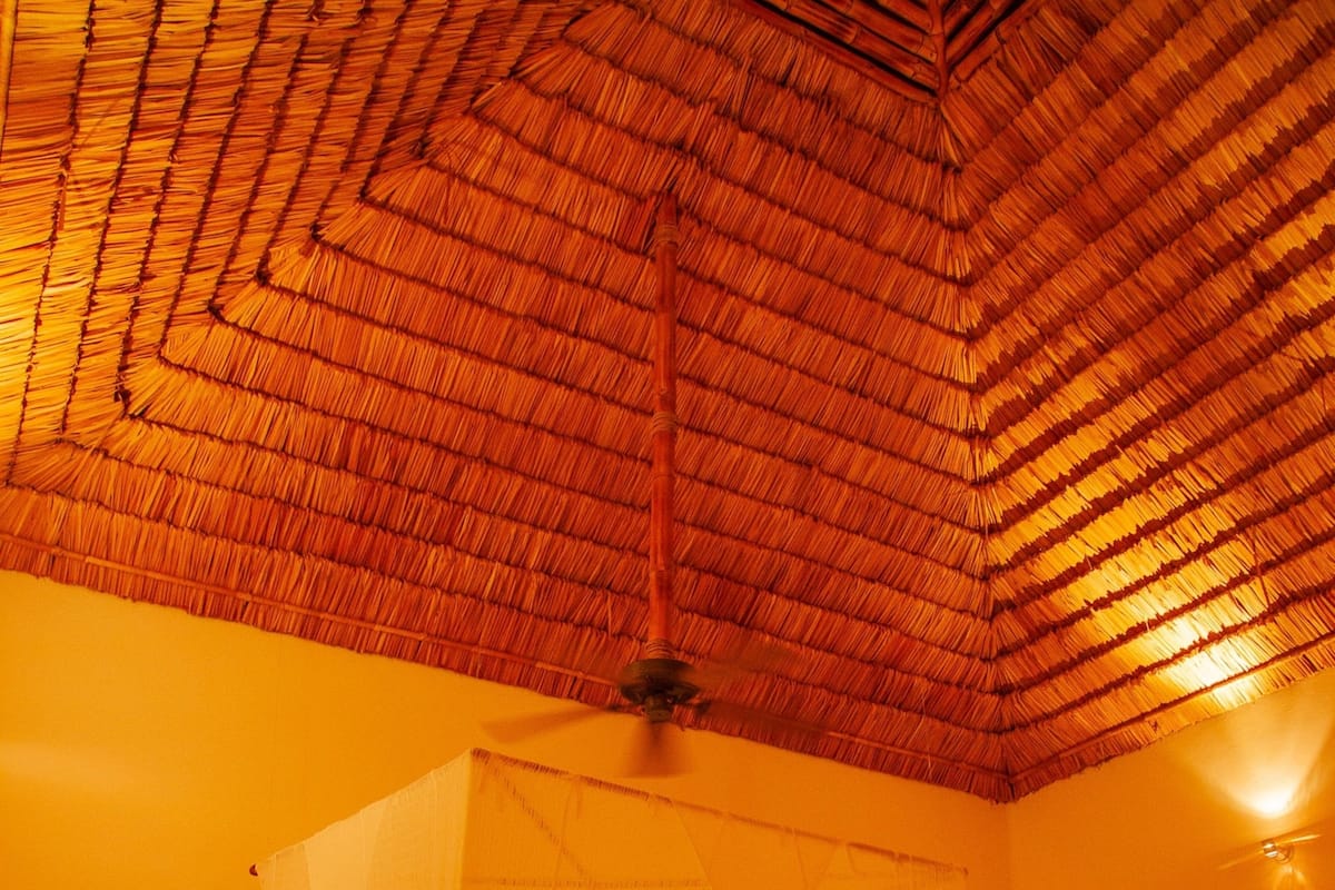 Una habitación con una cama bajo un dosel, techo de paja y alfombra estampada.