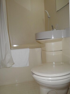 Combined shower/tub, hair dryer, slippers, electronic bidet