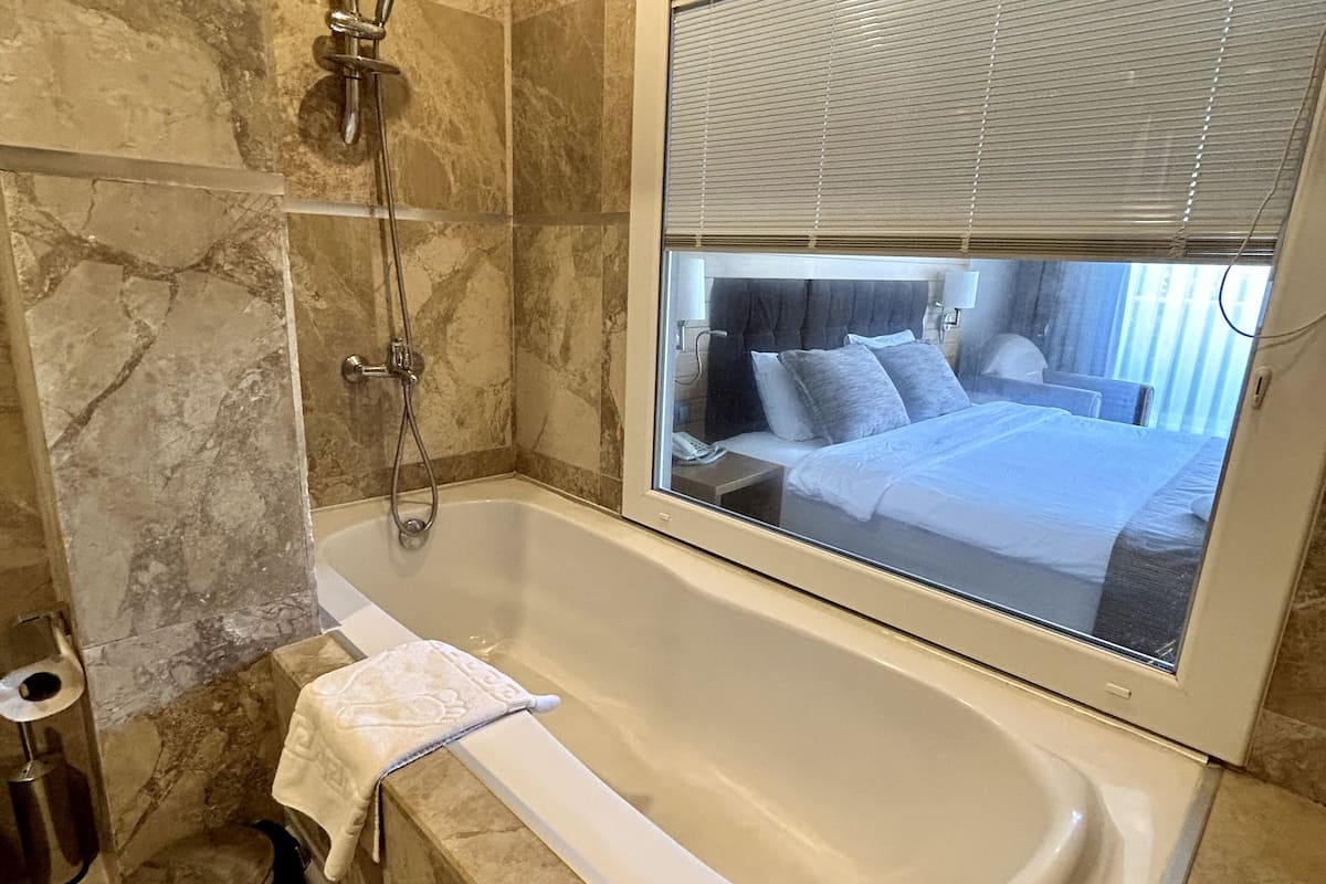 deluxe room | bathroom | shower, free toiletries, hair dryer, slippers