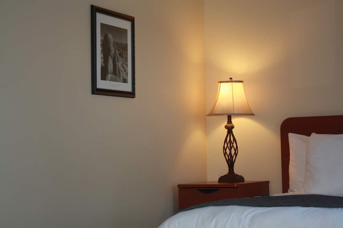 Une chambre d’hôtel avec un lit, une table de chevet avec une lampe et un tableau encadré au mur.