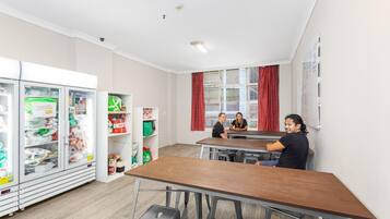 Fridge, microwave, stovetop, cookware/dishes/utensils