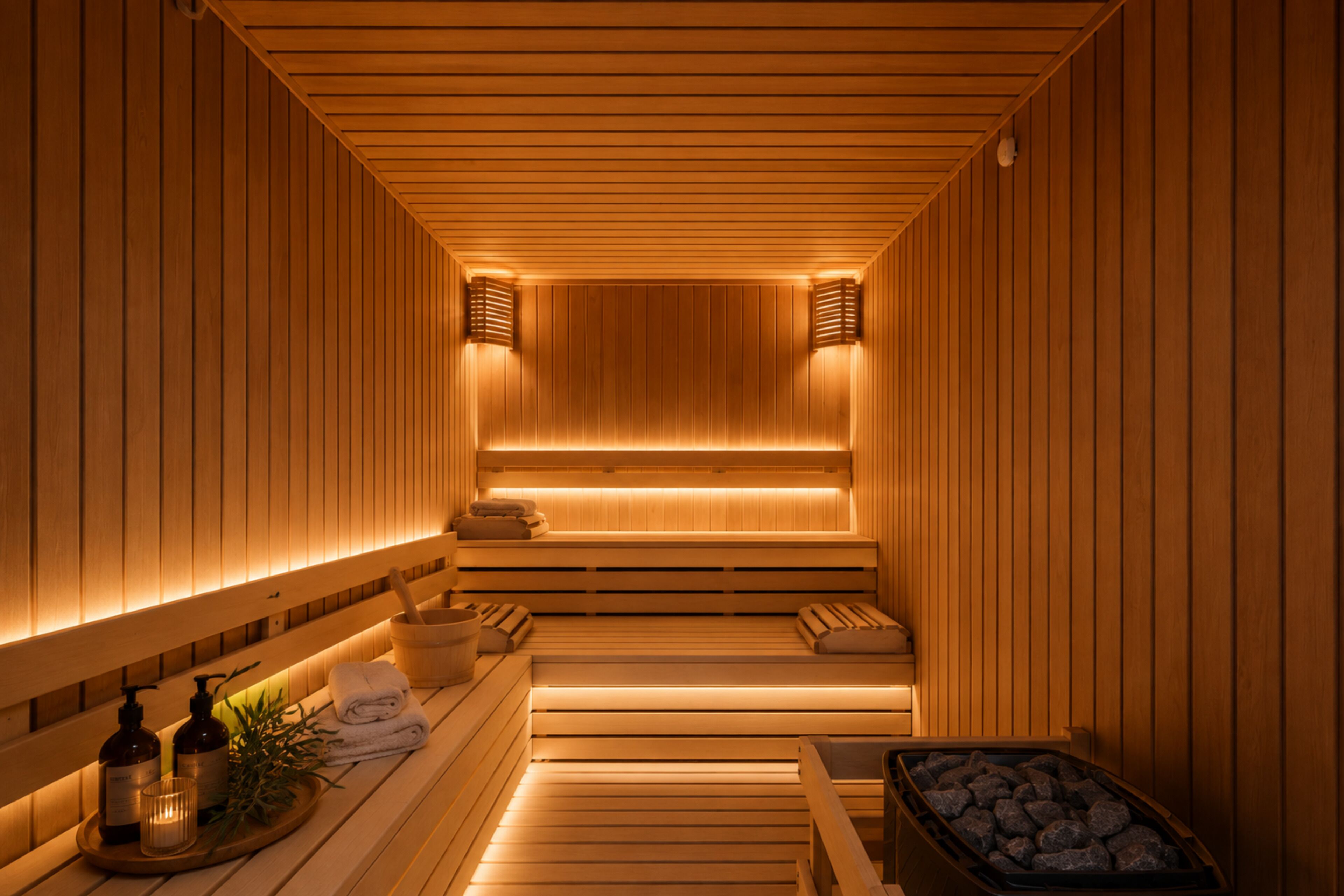 Een sauna met houten banken, een bank met een emmer en handdoek, en een dienblad met flessen en een kaars.