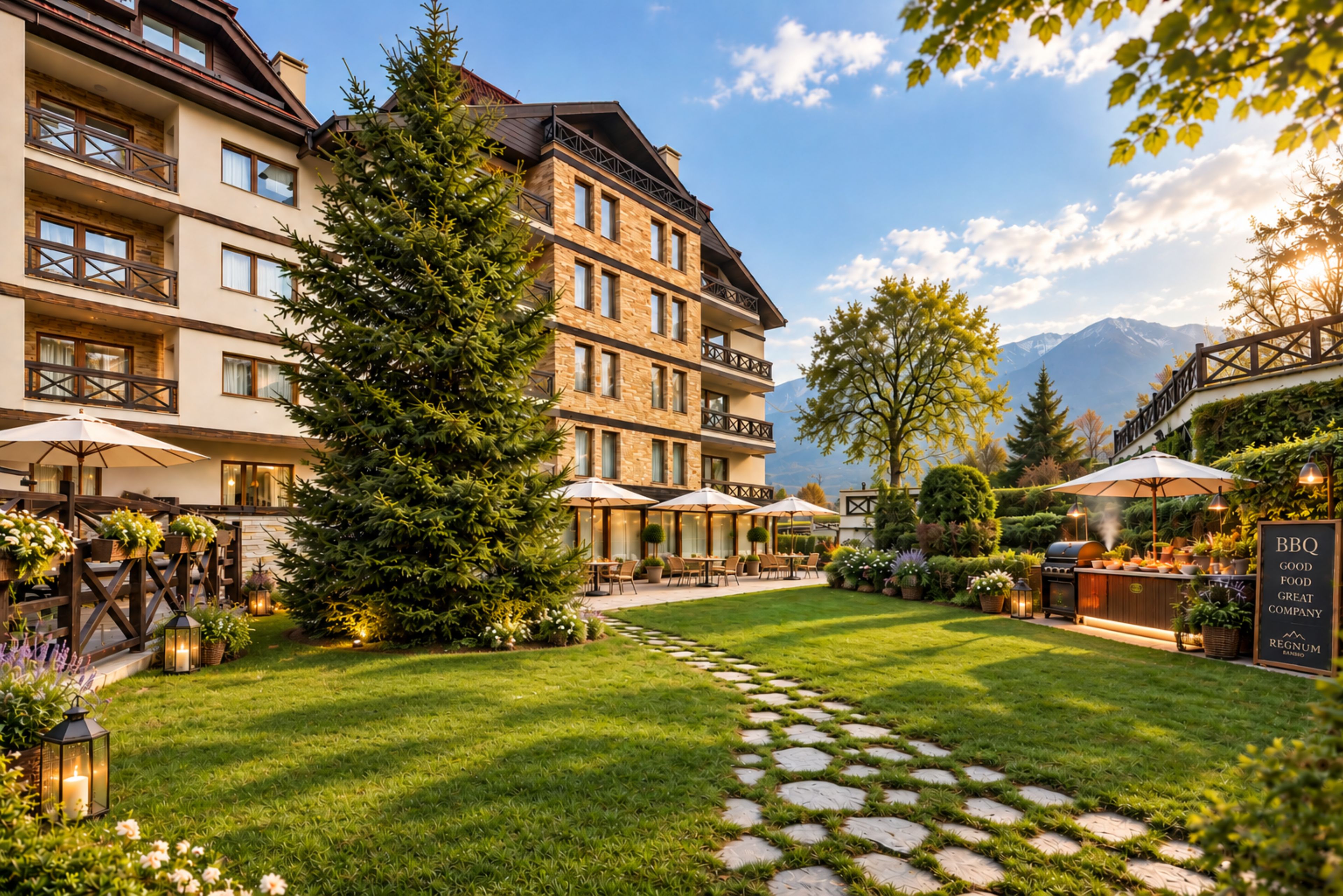 A hotel courtyard with a stone pathway, outdoor seating, and a BBQ area.