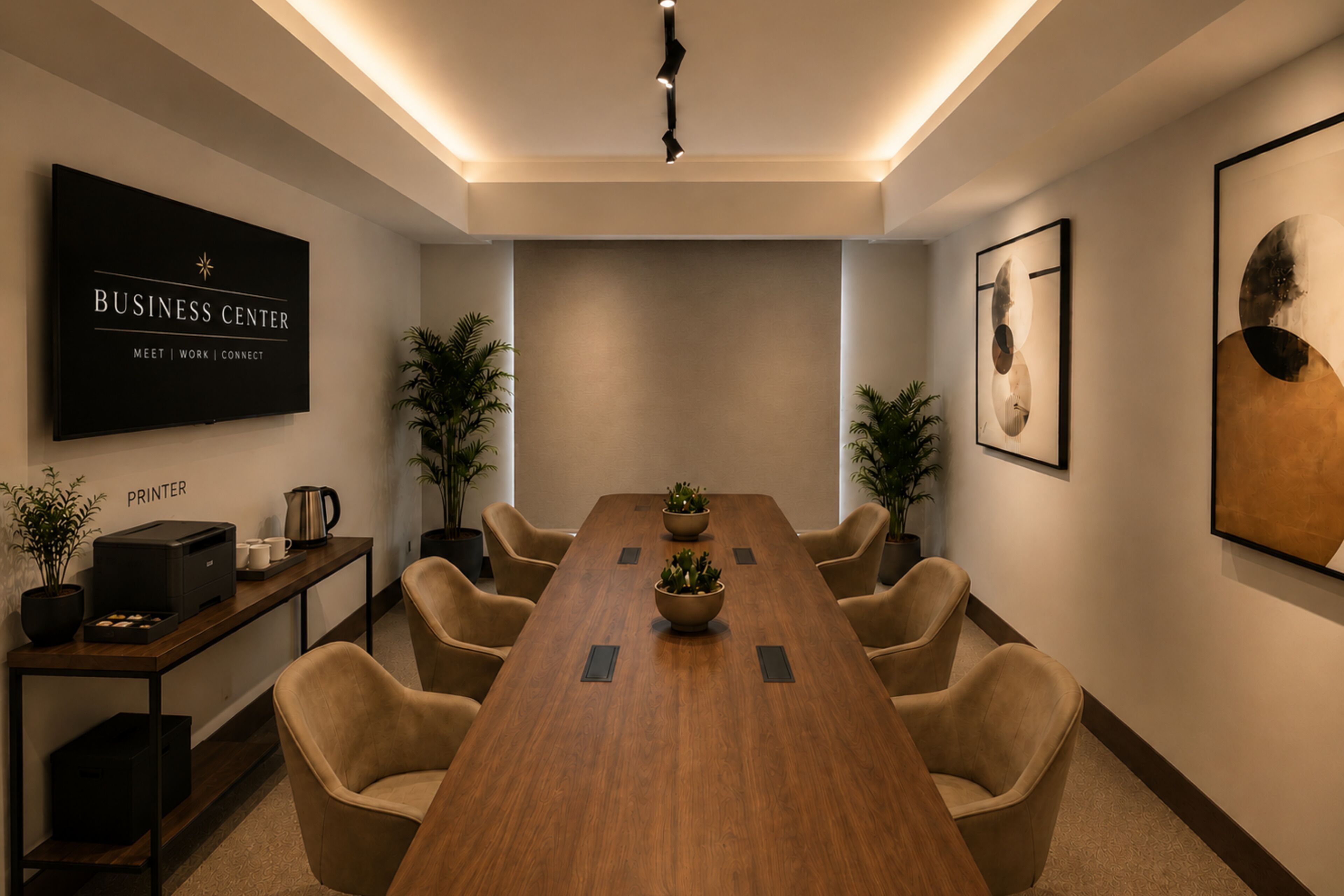 Un salón de conferencias con una larga mesa de madera, sillas color beige, un televisor montado y plantas en macetas.