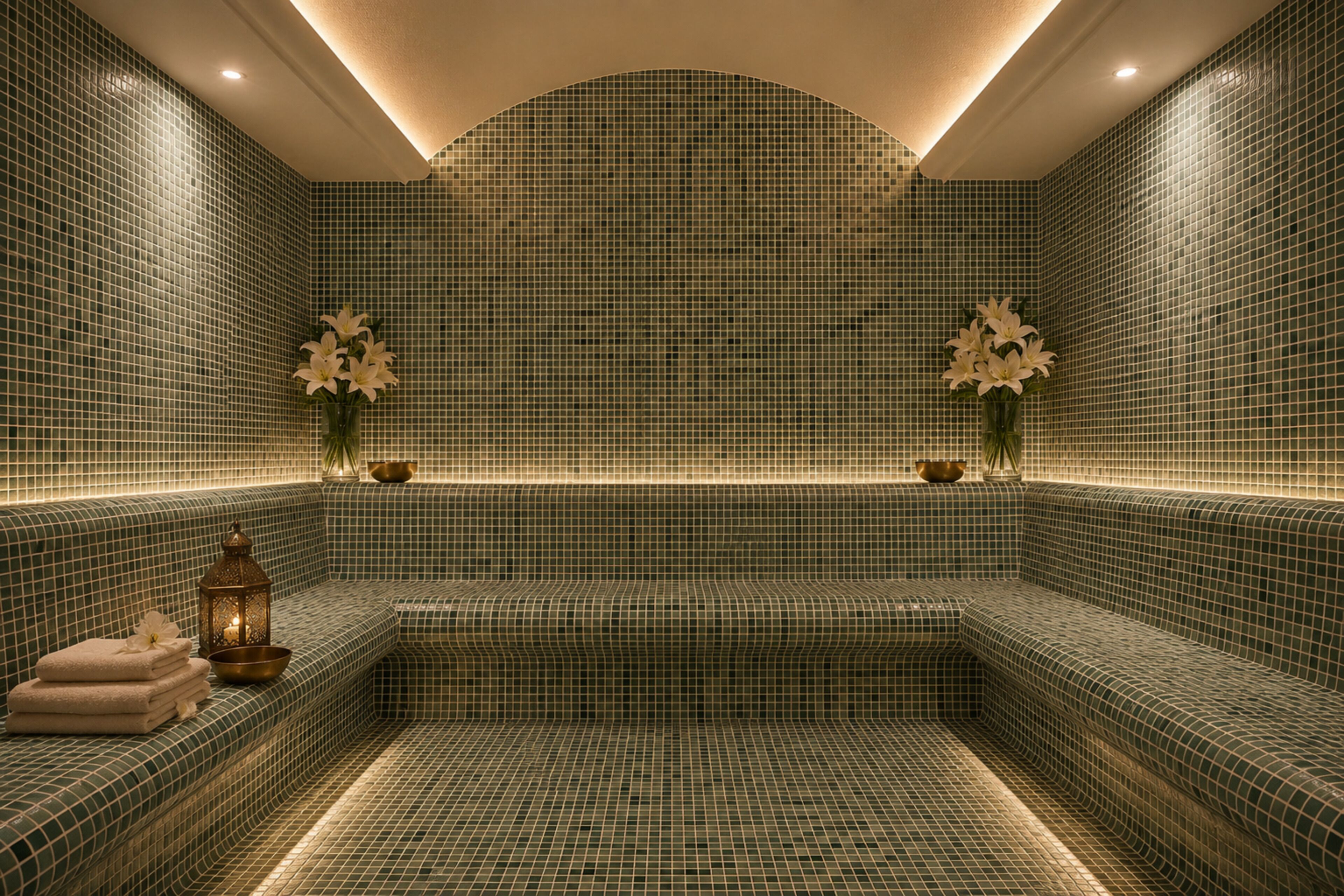 Een spa-ruimte met betegelde vloer en wanden, een bankje, een tafeltje met een schaal, en twee vazen met bloemen.